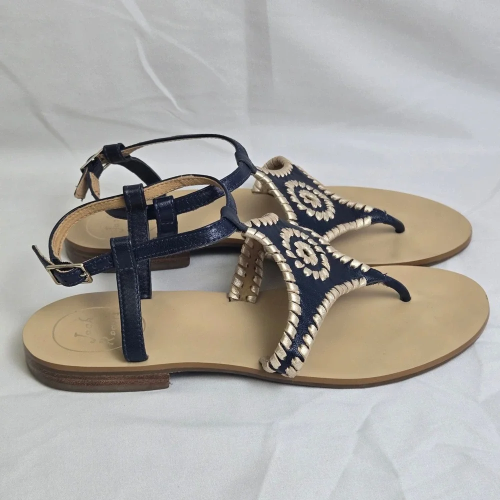 Jack Rogers Maci Slingback Sandals Navy Blue Beige Whipstitching Coastal 6.5M